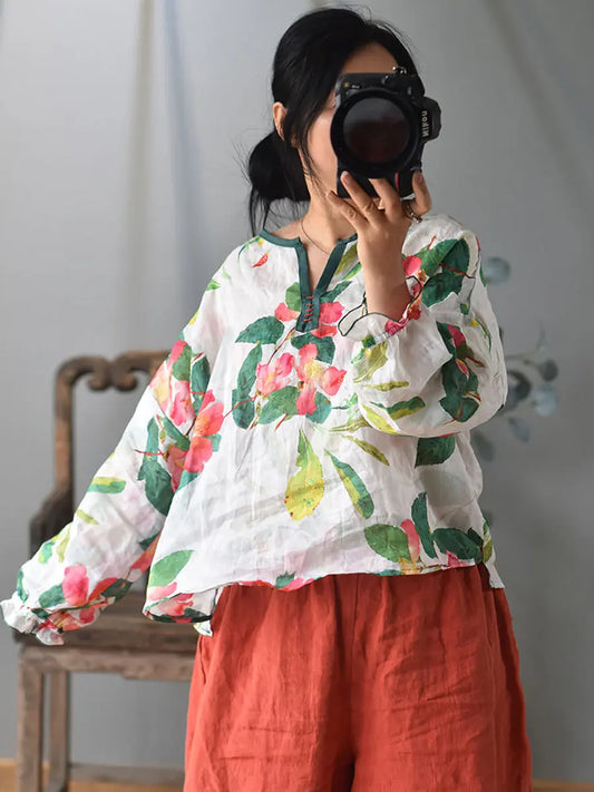 Women Ethnic Spring Flower Print V-Neck Ramie Shirt Ada Fashion