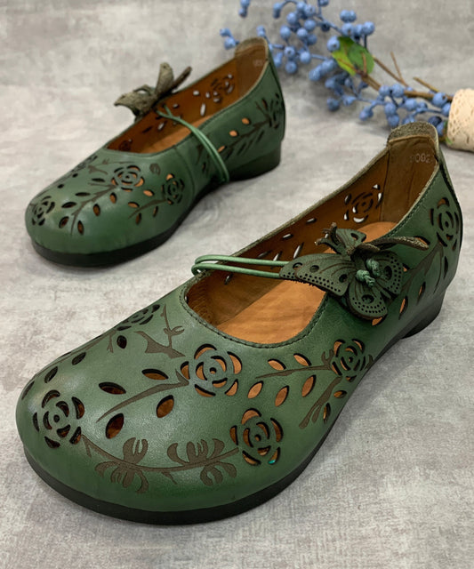Women Green Hollow Out Genuine Leather Flat Feet Shoes RT1036