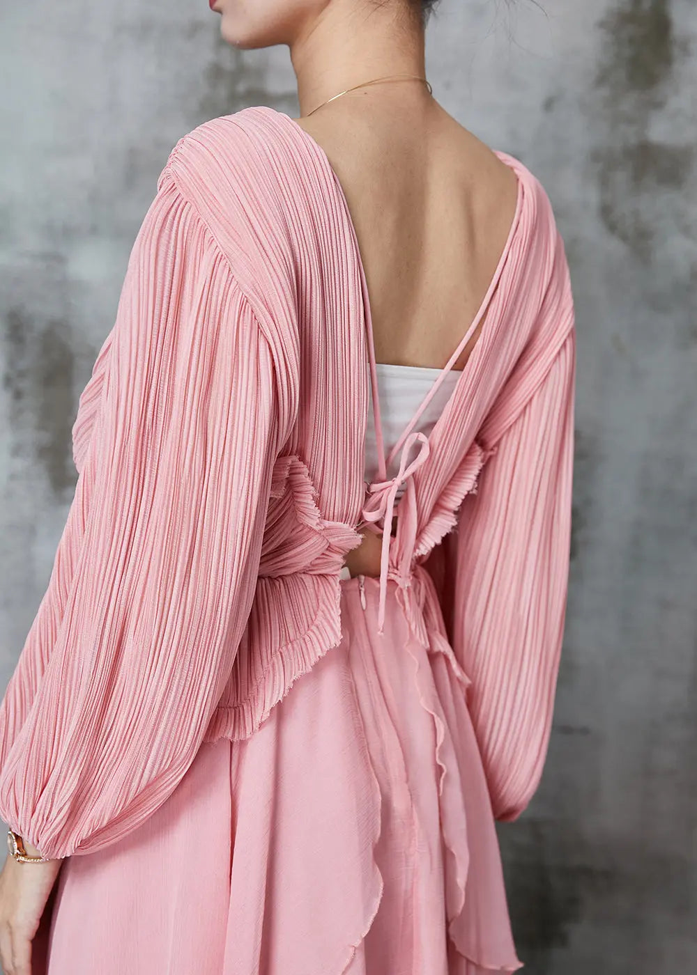 Women Pink Ruffled Wrinkled Chiffon Mid Dress Spring Ada Fashion