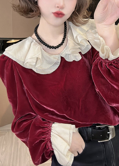 Women Red Ruffled Solid Silk Velour Top Flare Sleeve OP1002