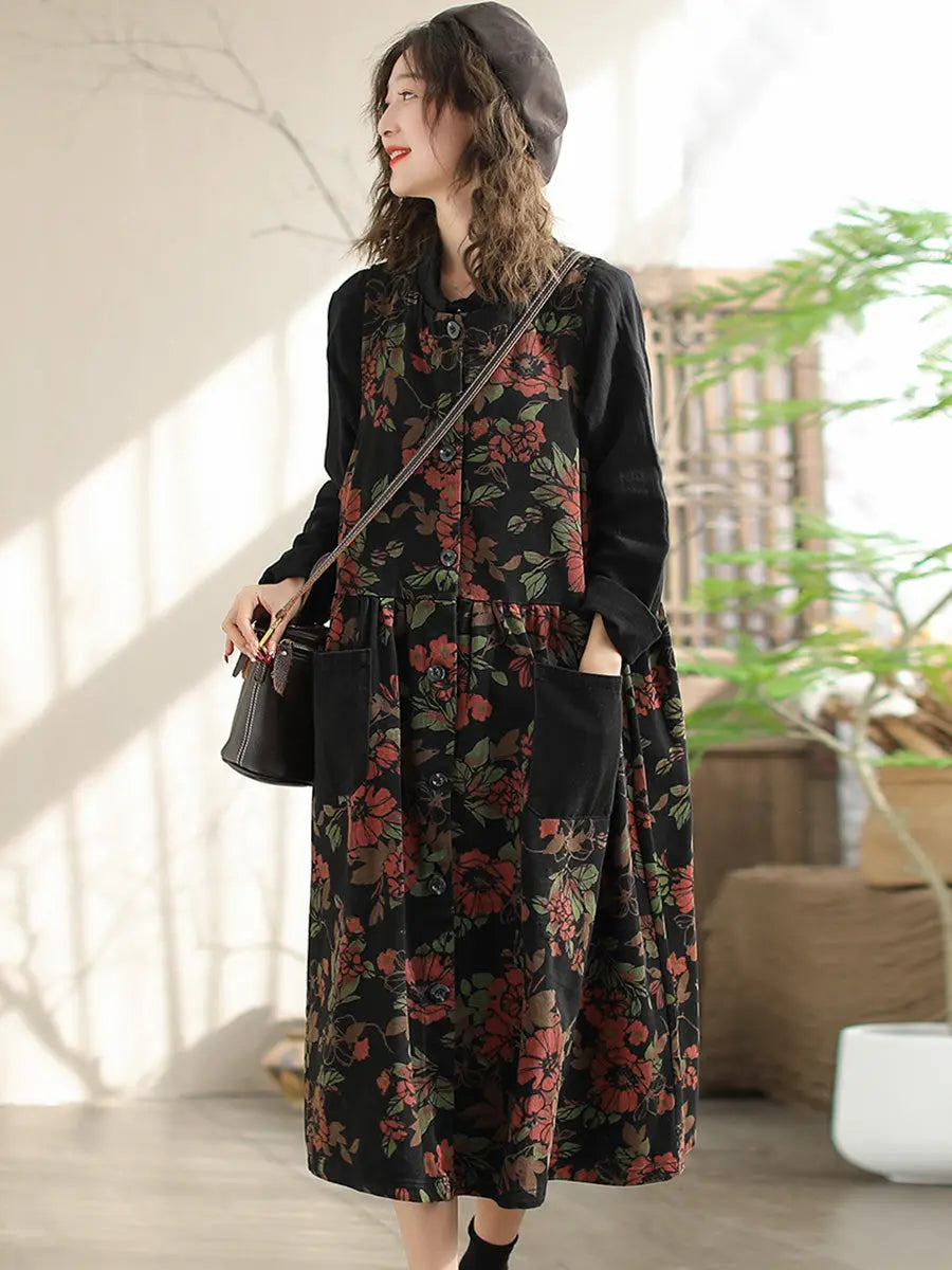 Women Spring Artsy Flower Spliced Denim Vest Dress Ada Fashion