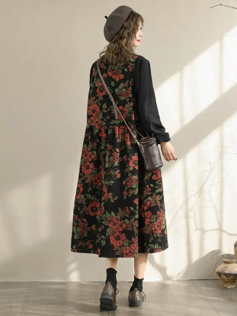 Women Spring Artsy Flower Spliced Denim Vest Dress Ada Fashion