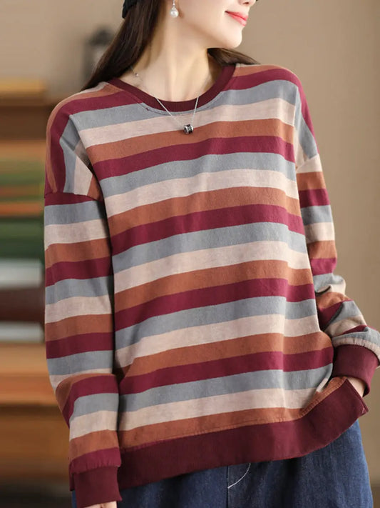 Women Spring Colorblock Stripe O-Neck Shirt Ada Fashion