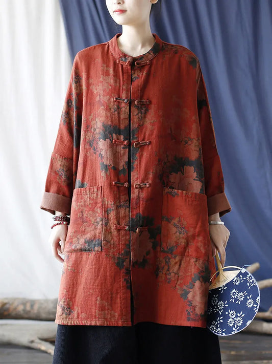 Women Vintage Red Flower Cotton Linen Long Shirt Ada Fashion