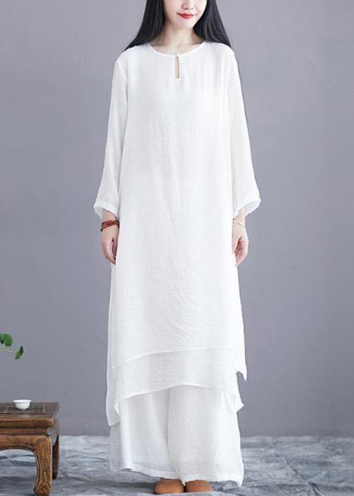 Women White O Neck Side Open Cotton Two Pieces Set Long Sleeve OP1015