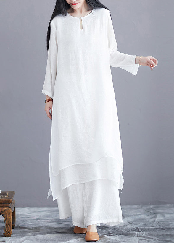 Women White O Neck Side Open Cotton Two Pieces Set Long Sleeve OP1015