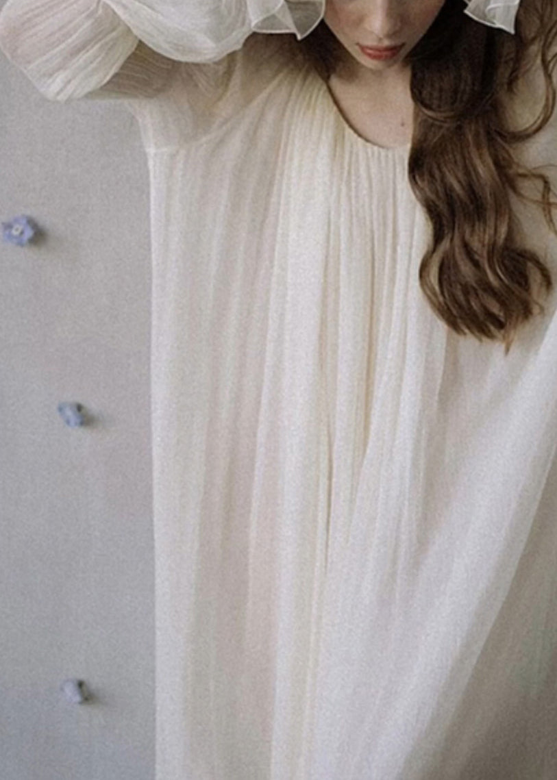 Women White O-Neck Solid Chiffon Dress Petal Sleeve Ada Fashion