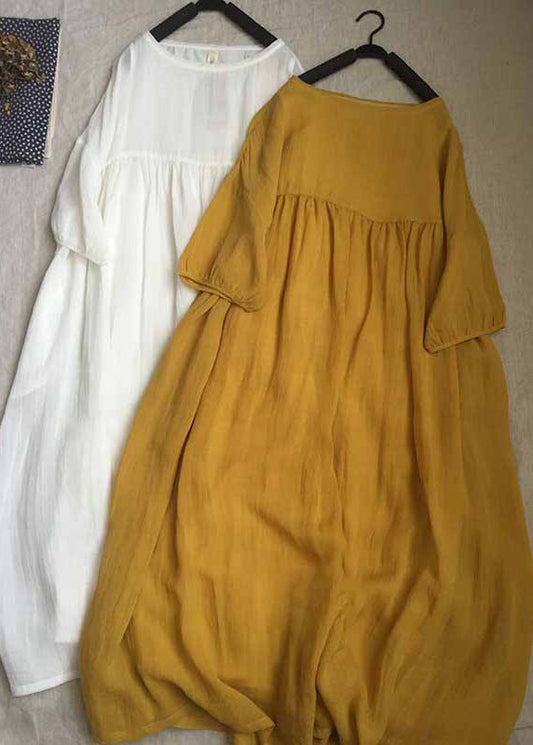 Women Yellow O-Neck Patchwork Wrinkled Long Dresses Short Sleeve GH1087