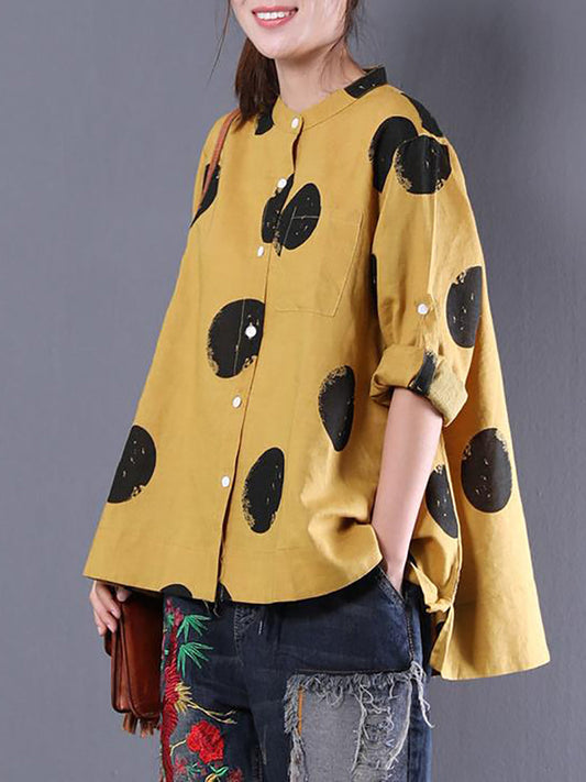 Plus Size Loose Dots Long Sleeve Cotton Linen Shirt QW1054