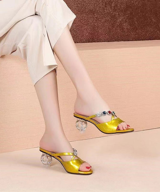 Yellow Boutique Crystal Chunky Heel Zircon Slide Sandals RT1028