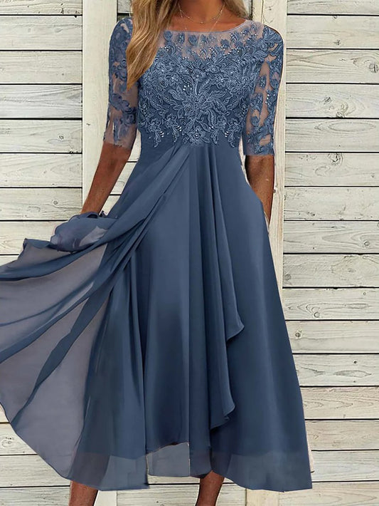 Round Neck Lace Swing Elegant Occasion Formal Midi Prom Dress AD550