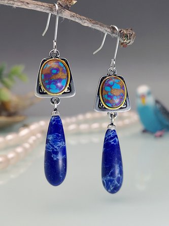 Retro Natural Blue Gemstone Drop Earrings Ethnic Style Casual Women&#x27;s Jewelry QAG32