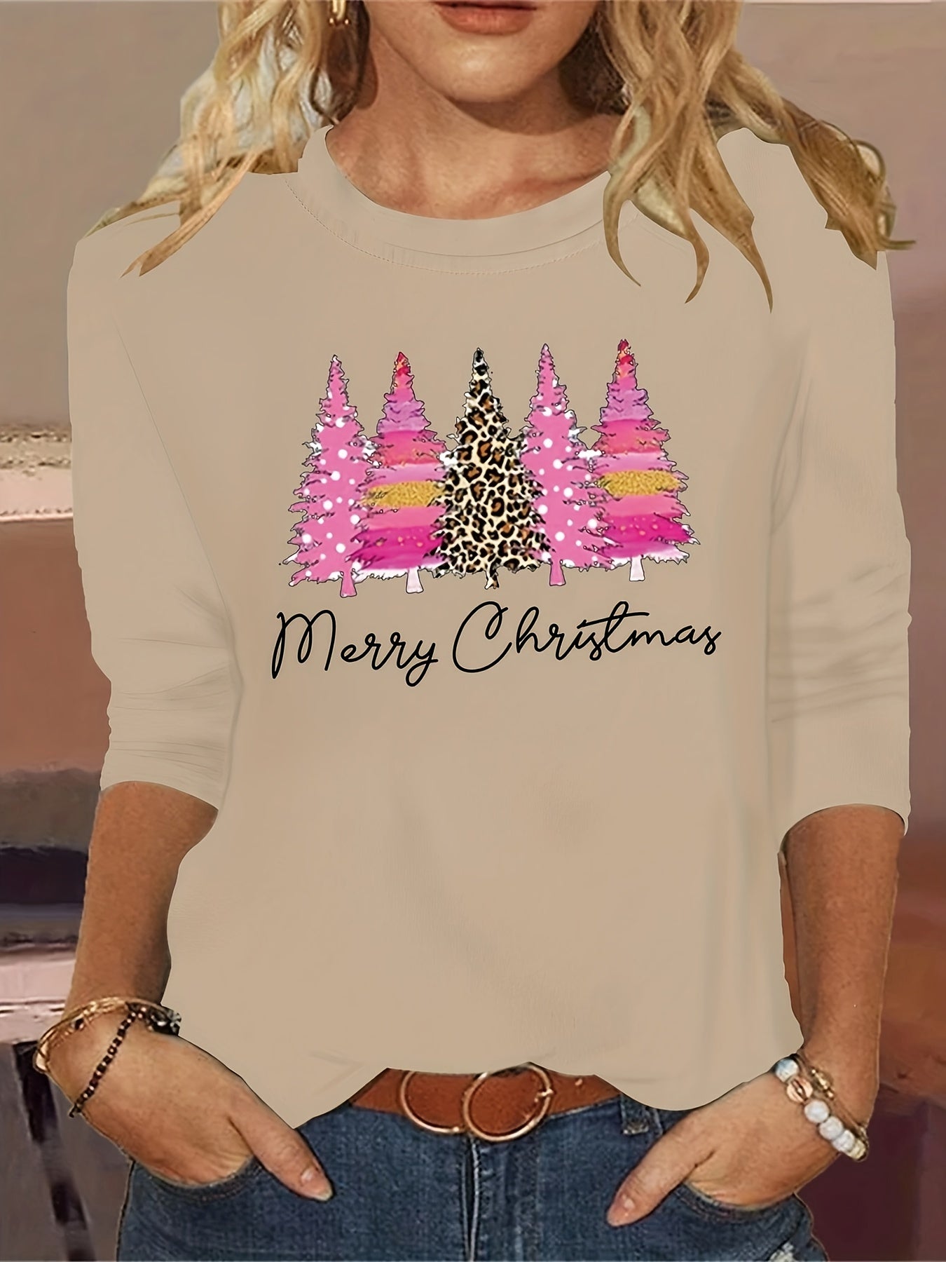 Women's Plus Size Christmas Tree Print Long Sleeve T-shirt Ada Fashion
