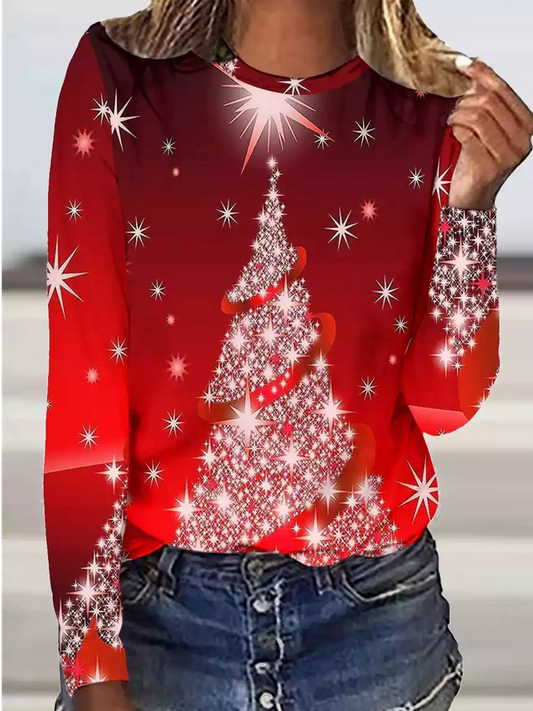 Women's Red Long Sleeve Tunic Tops Christmas Tree Printed AD1014