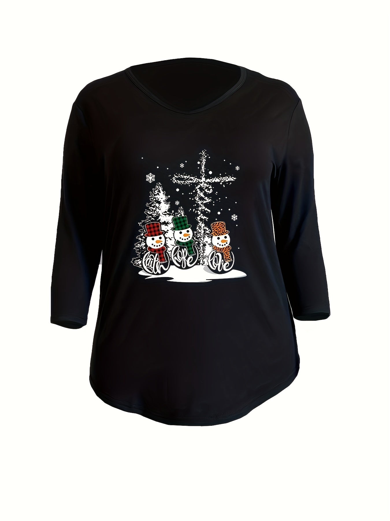 Plus Size Christmas Casual T-shirt, Women's Plus Snowman Print Three Quarter Sleeve V Neck Slight Stretch Tee Ada Fashion
