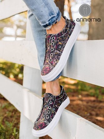 Casual Black Floral Printing Slip On Canvas Shoes CN56