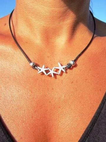 Casual Silver Stars Leather Strap Necklace Choker Vintage Western Jewelry For Women cc38