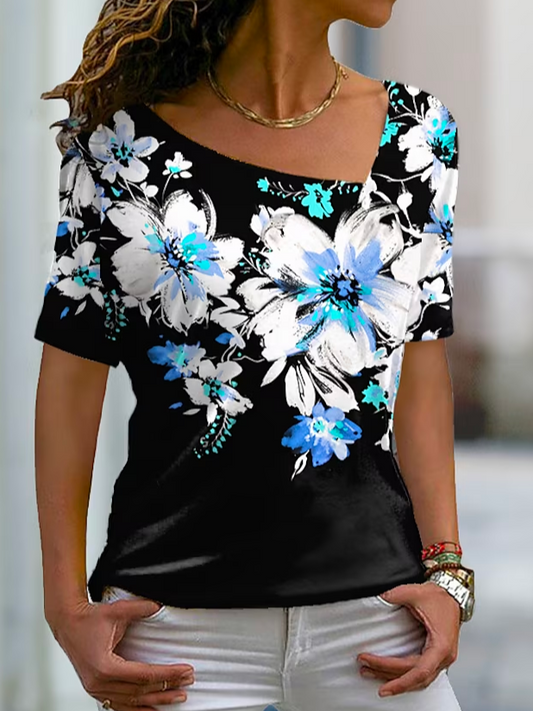 Floral Asymmetrical Casual Floral Print Short Sleeve Holiday Weekend Basic V Neck Regular T-Shirt  WS76