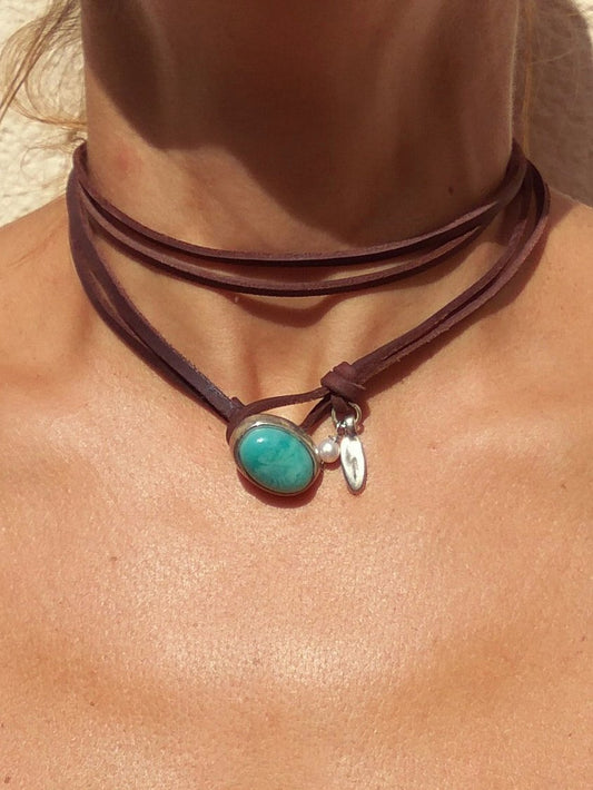 Casual Turquoise Leather Multilayer Necklace Choker Western Wind Ethnic Women's Jewelry cc57