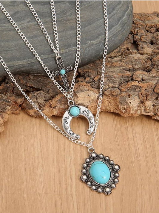Ethnic Turquoise Cross Ethnic Pattern Multilayer Necklace Retro Women's Jewelry YY1