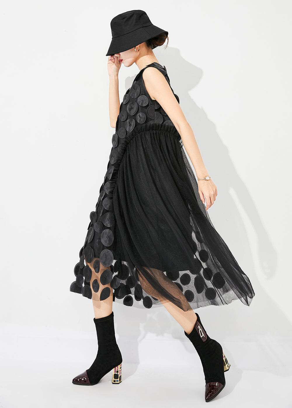 Unique Black Oversized Patchwork Tulle Holiday Dress Sleeveless LY0881