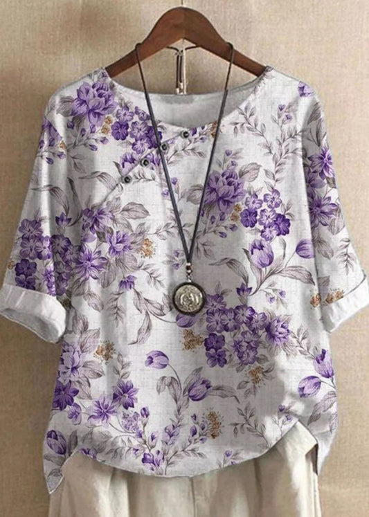 Women Purple O Neck Print Patchwork Linen T Shirts Tops Summer Ada Fashion