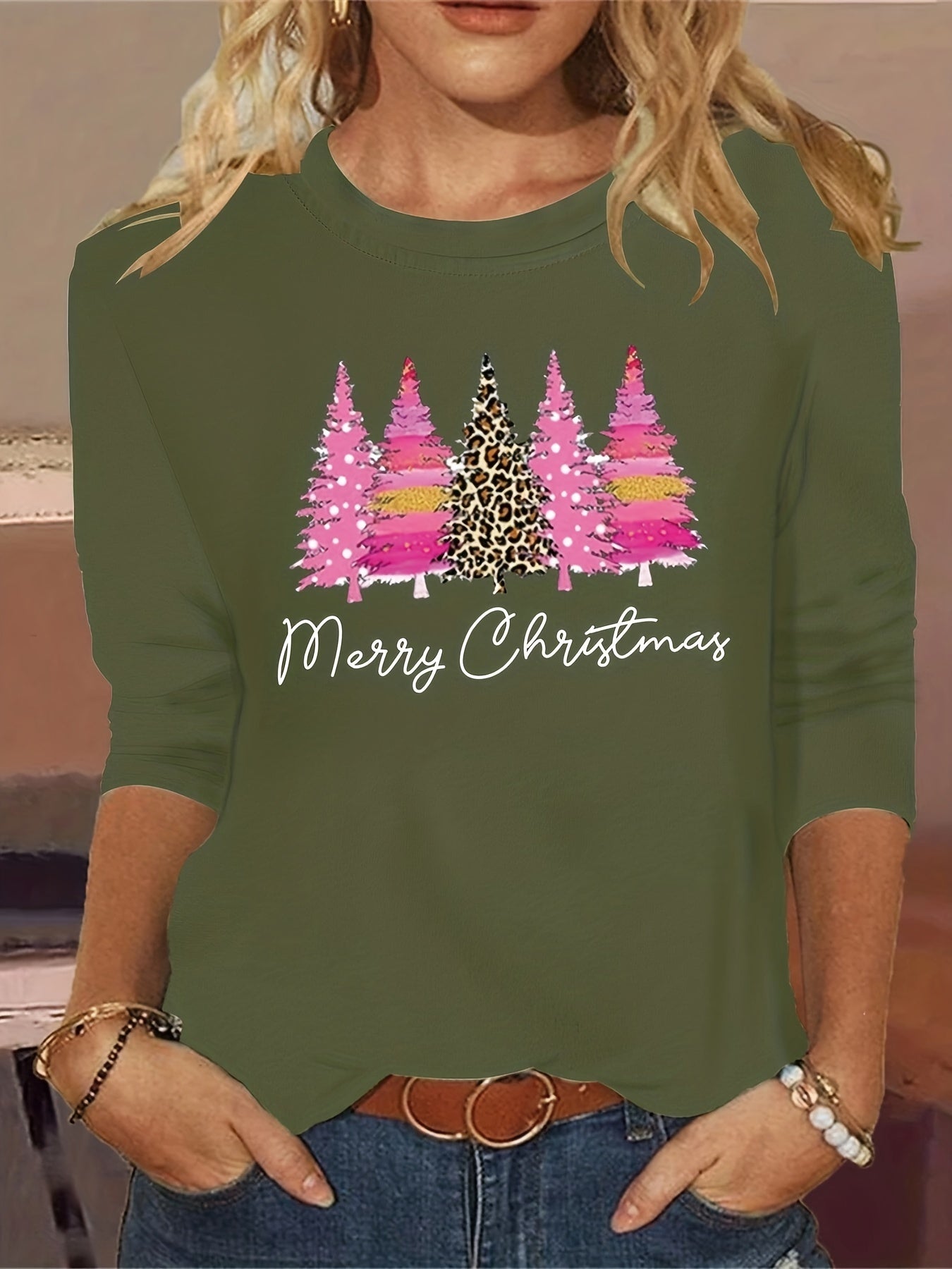 Women's Plus Size Christmas Tree Print Long Sleeve T-shirt Ada Fashion