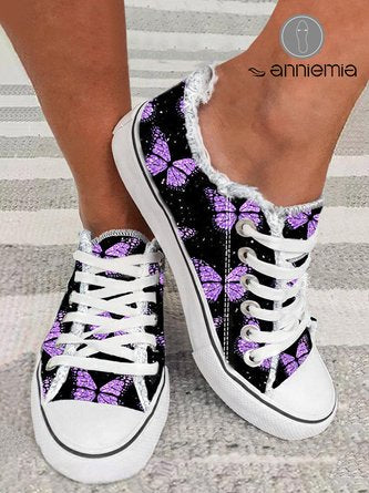 Purple Butterfly Pattern Casual Lace-Up Canvas Shoes CN39
