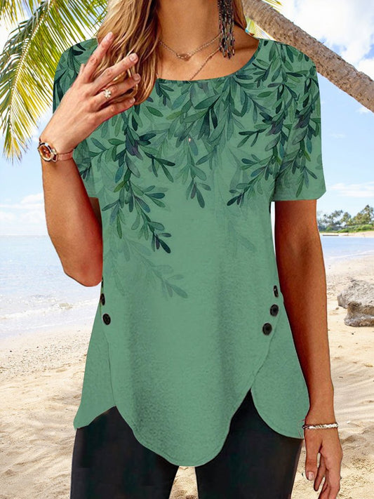 Women Round Neck Short Sleeve Leaf Print Buttoned Holiday Tunic T-Shirt  AD670