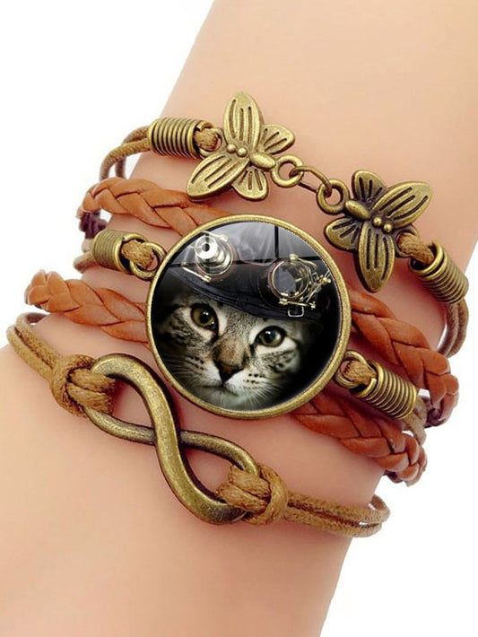 Casual Time Stone Cat Pattern Leather Multilayer Bracelet Fashion Women Jewelry cc30