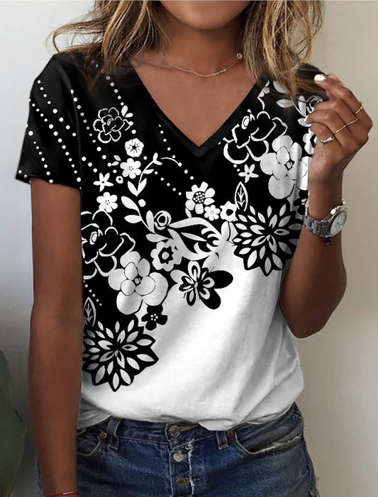 Women's Casual Contrasting Floral V-Neck Loose T-Shirt AC10027