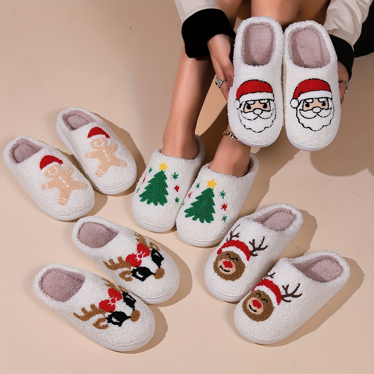 Christmas Tree Pattern Fuzzy Slippers, Winter Warm Closed Toe Flat Floor Shoes, Cozy Soft Sole Plush Home Slippers Ada Fashion