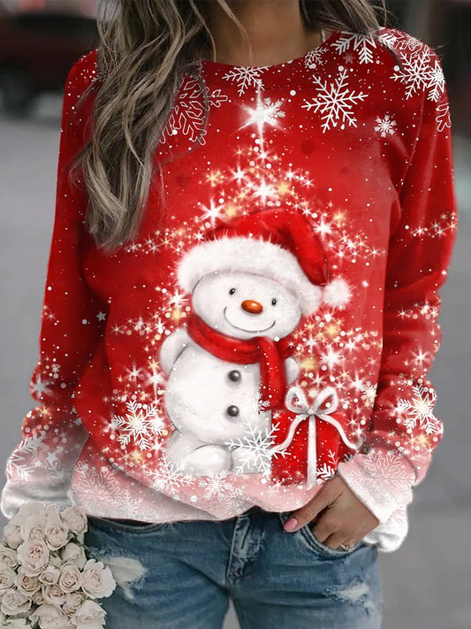Women Christmas Santa Claus Crewneck Loose Long Sleeve Red Sweatshirts PJ3