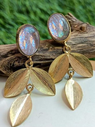 Casual Natural Opal Gold Leaves Pattern Earrings Everyday Ethnic Jewelry QAG48