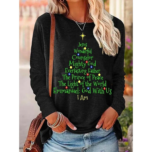 Women's T shirt Tee Black Christmas Tree Text Print Long Sleeve Christmas Weekend Basic Round Neck Regular Painting S PC75
